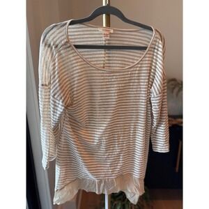 Sundance Striped Sheer Ruffle Hem Long Sleeve Top Women's Size L‎
